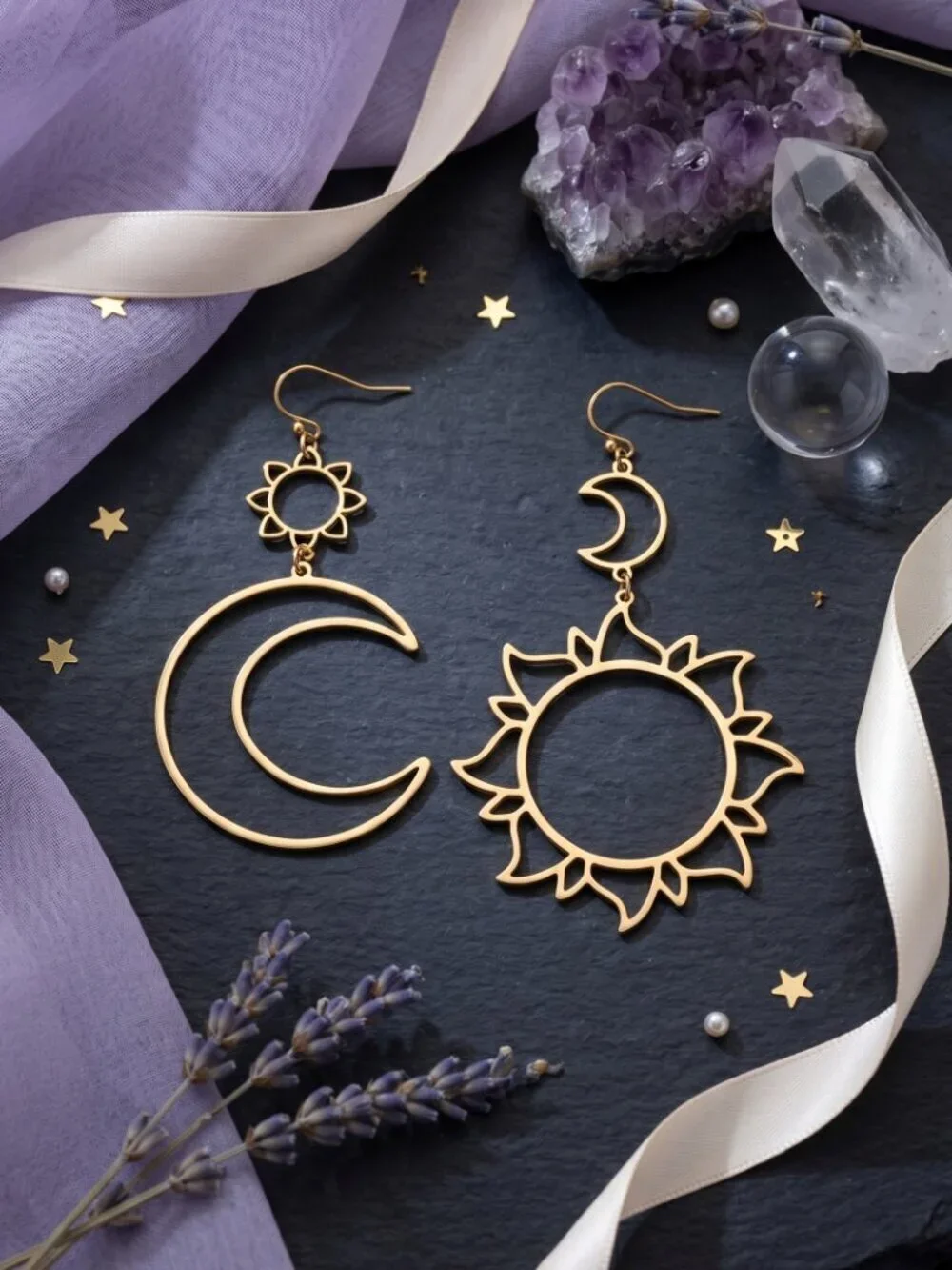 Sun Moon Mismatched Dangle Earrings Gold Celestial Cutout Boho Whimsigoth 3